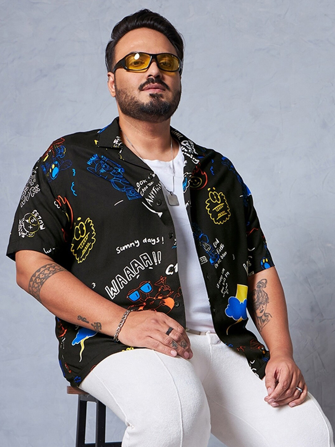 

Bewakoof Plus Graphic Printed Spread Collar Straight Oversized Casual Shirt, Black