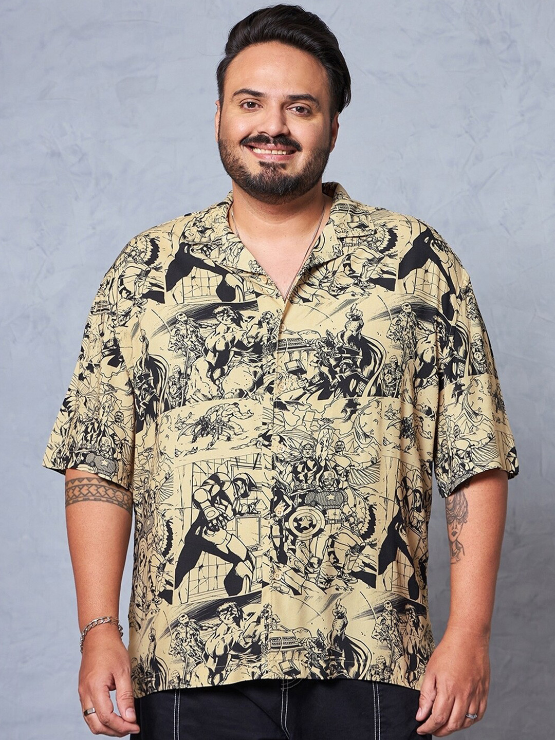 

Bewakoof Plus Abstract Printed Spread Collar Straight Oversized Casual Shirt, Brown