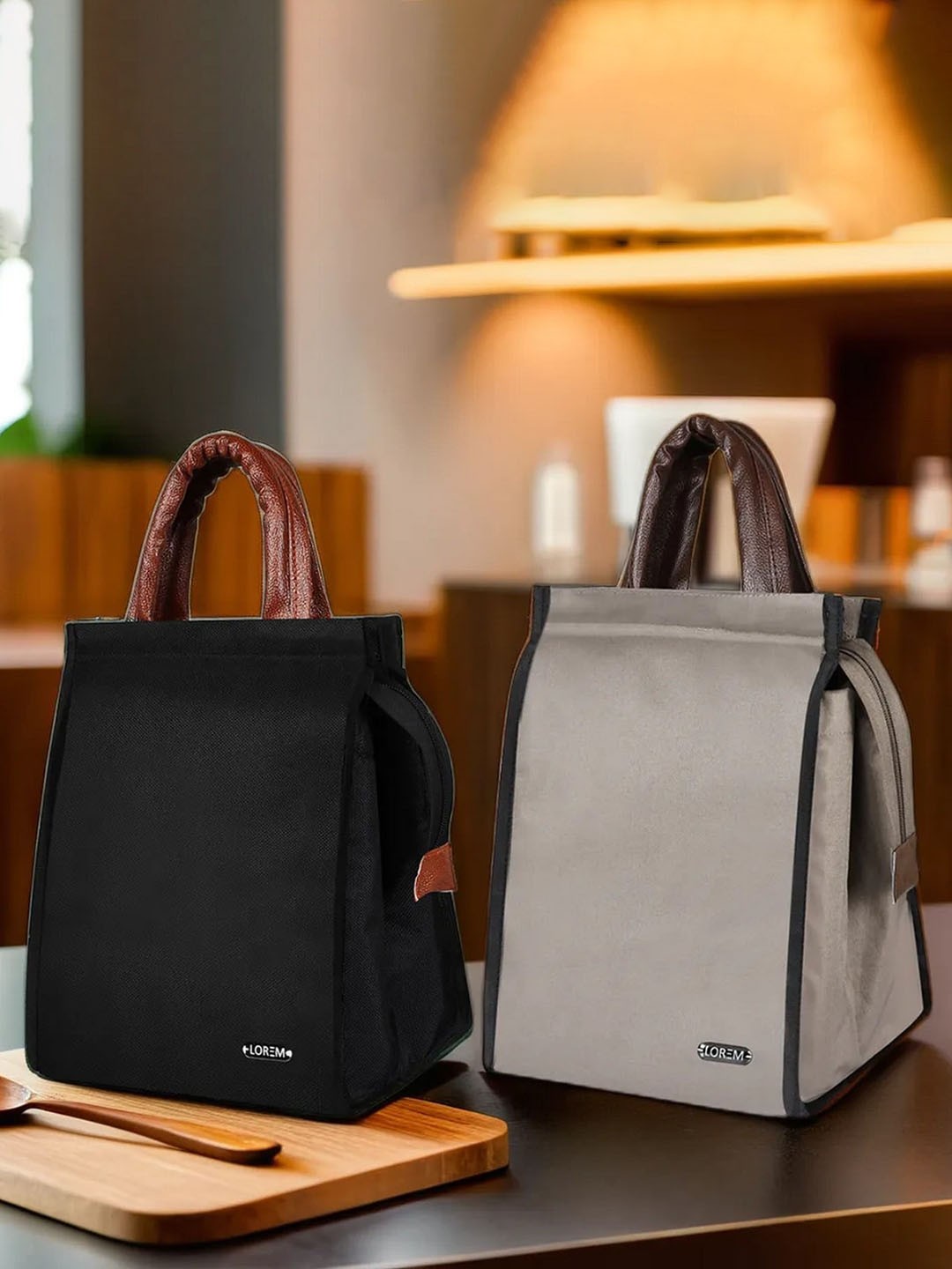 

LOREM Set of 2 Other Prints Insulated Lunch bags Travel Accessory, Black