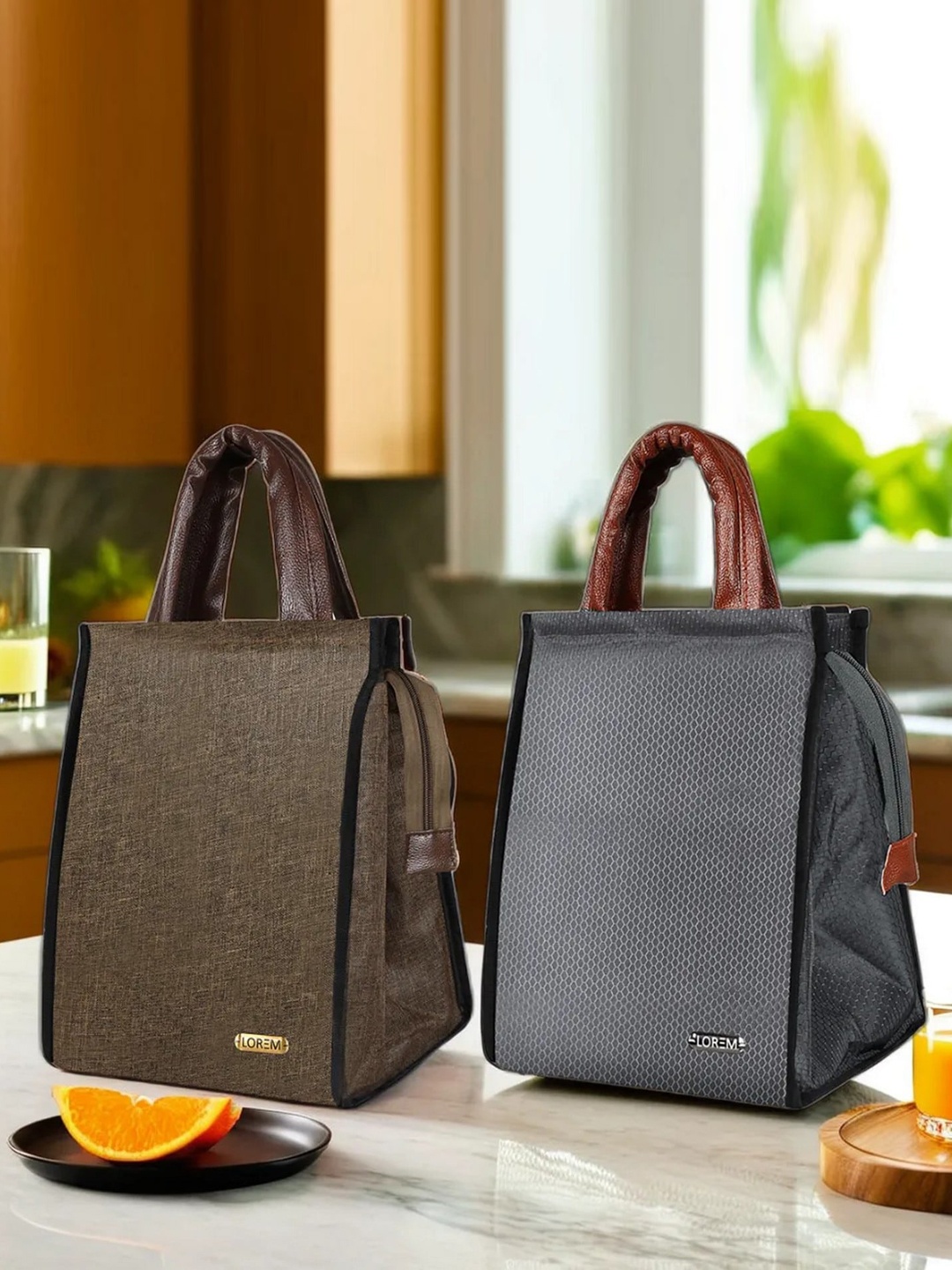 

LOREM Set of 2 Textured Insulated Lunch bags Travel Accessory, Grey