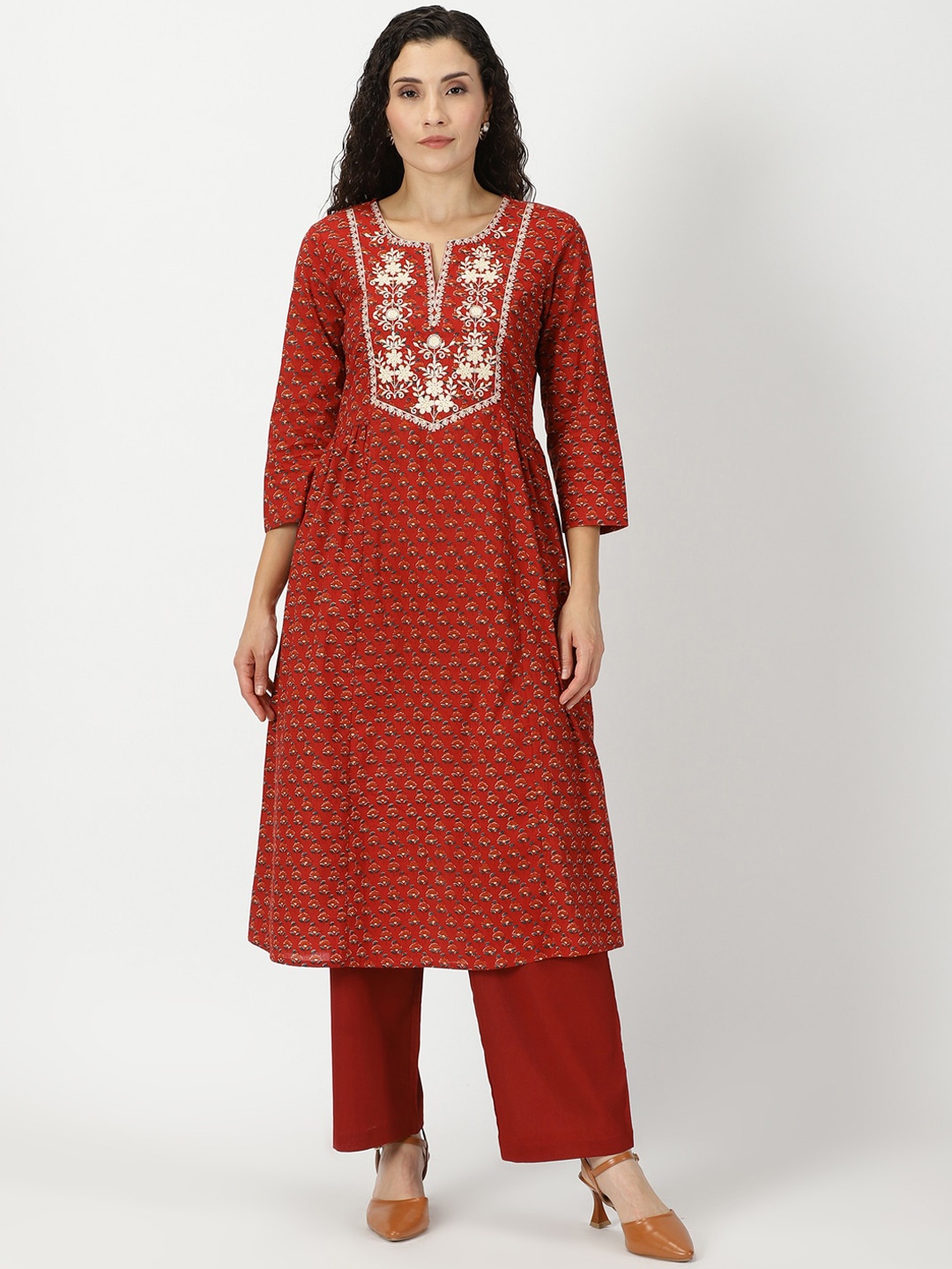 

Saffron Threads Floral Print A-line Kurta With Yoke Embroidery, Red