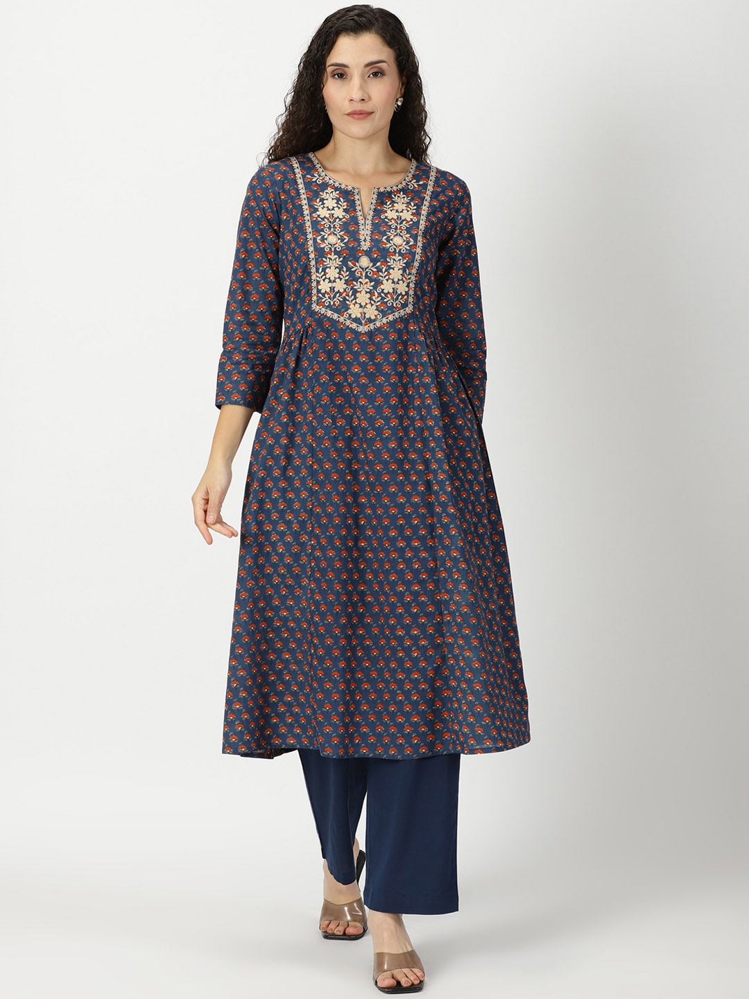 

Saffron Threads Floral Print A-line Kurta with Yoke Embroidery, Blue