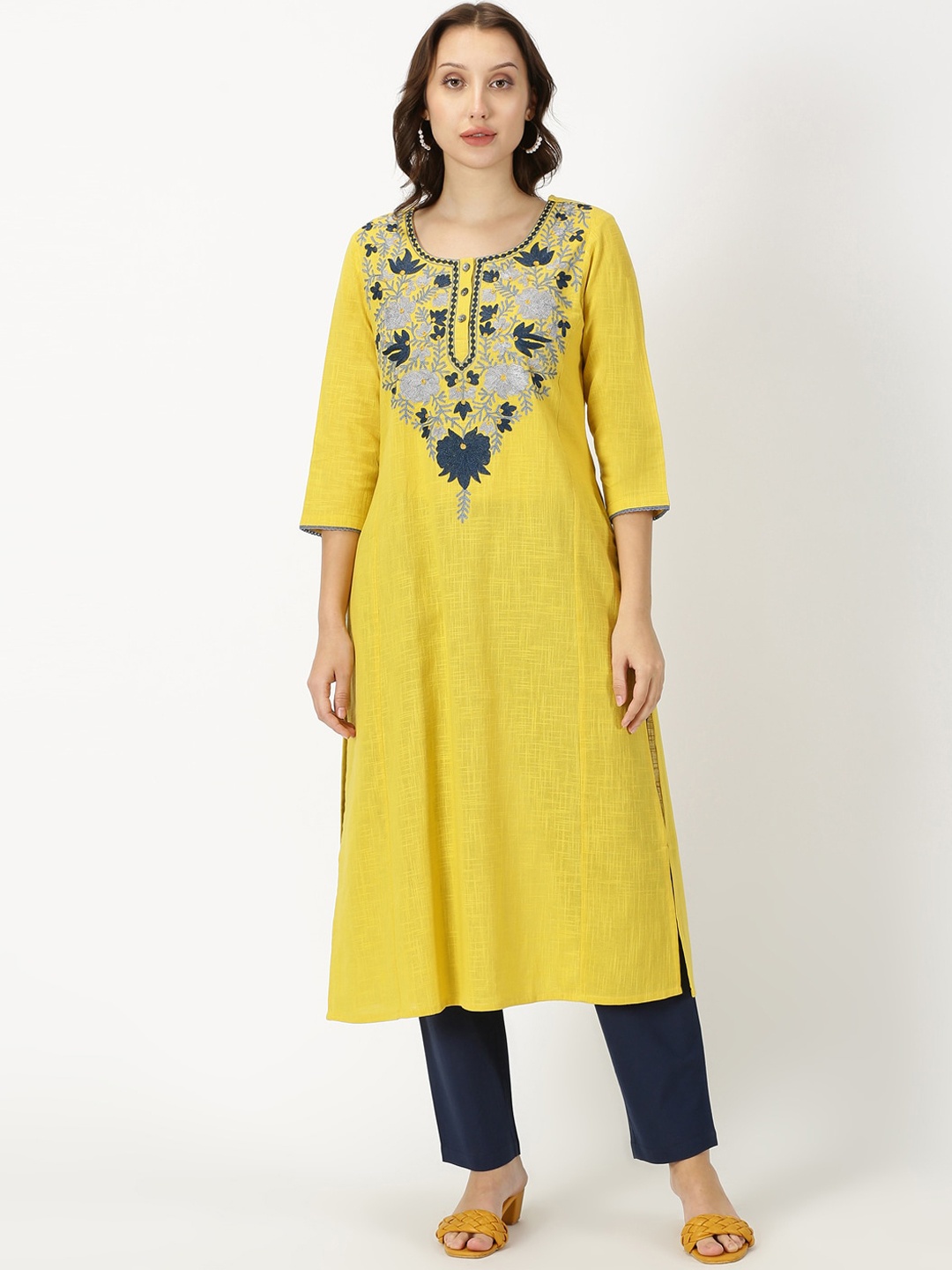 

Saffron Threads Textured Kashida Pure Cotton Straight Kurta, Yellow