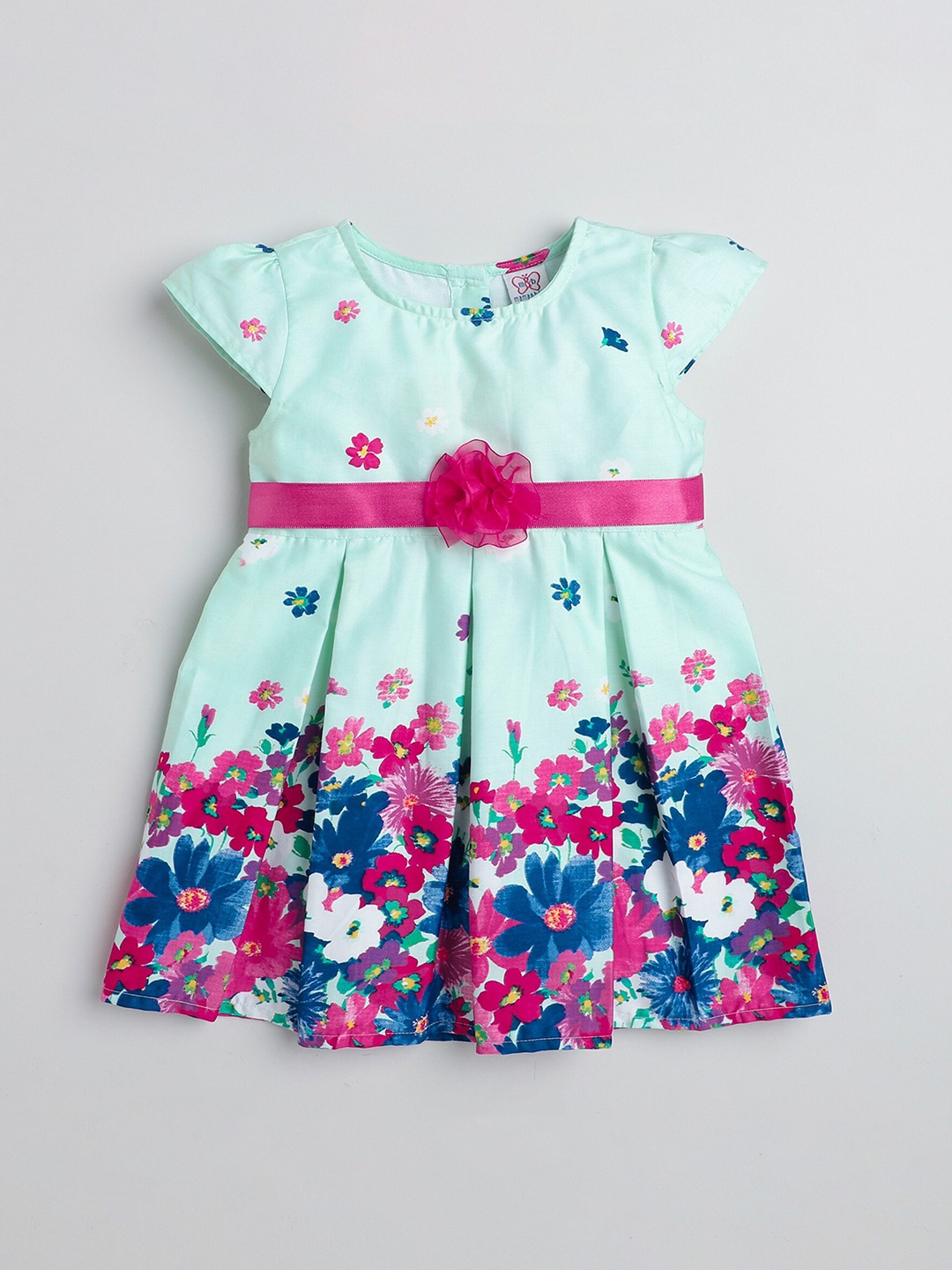 

mama & bebe Girls Floral Printed Cap Sleeves Bow Detail Cotton Fit & Flare Dress, Green