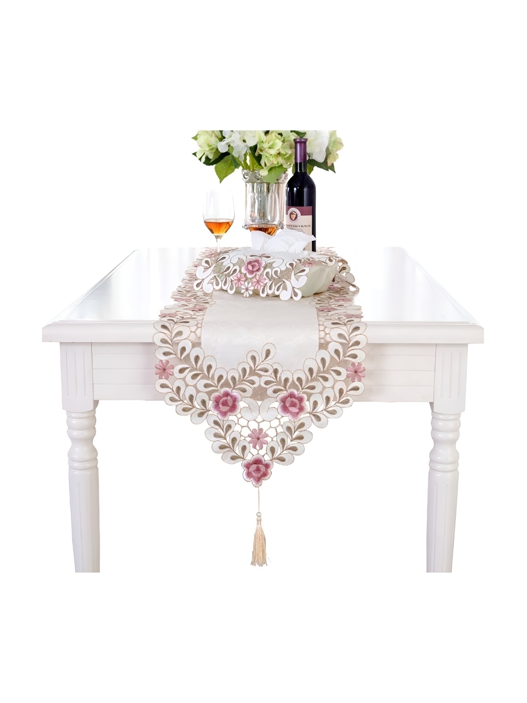 

MONKDECOR White Floral Embroidered Table Runners