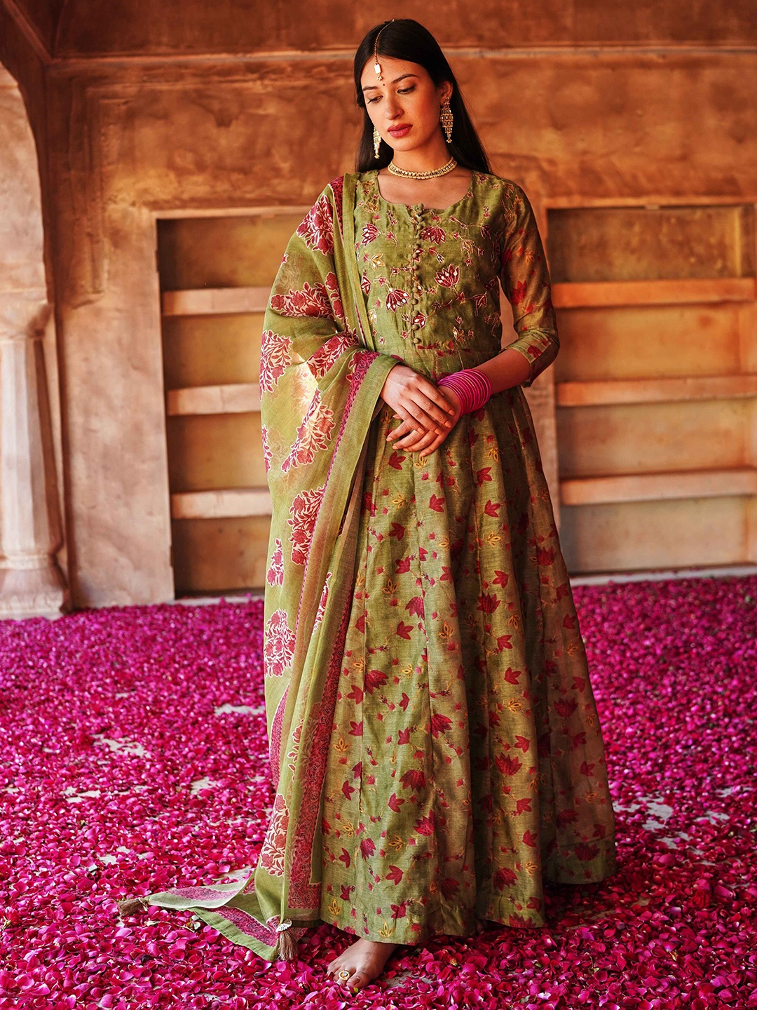 

KARAJ JAIPUR Floral Printed Round Neck Chanderi Silk Maxi Ethnic Dress With Dupatta, Green