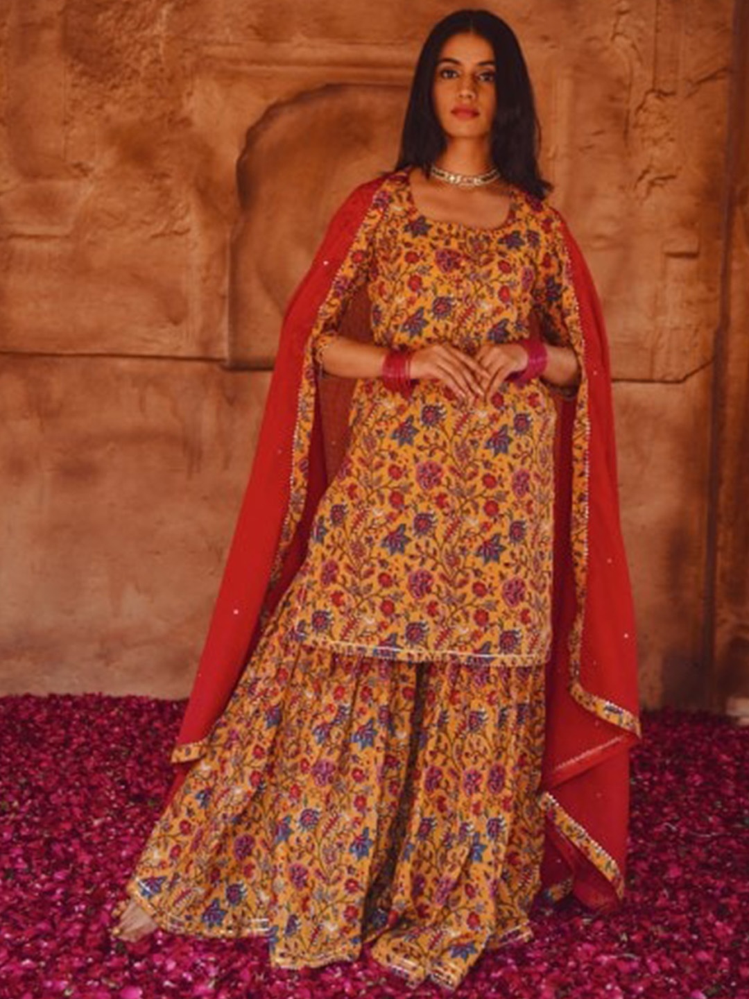 

KARAJ JAIPUR Ethnic Motifs Printed Regular Pure Cotton Kurta & Sharara With Dupatta, Mustard