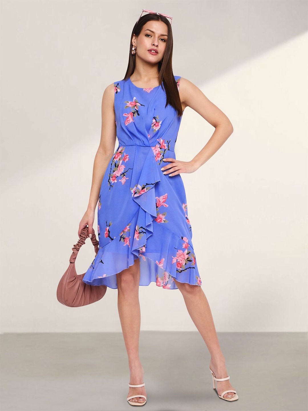 

Martini Floral Printed Sleeveless Ruffled Georgette Fit & Flare Dress, Blue