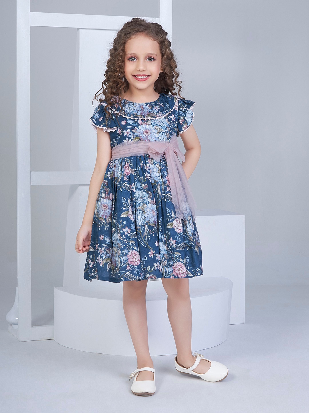 

Peppermint Girls Floral Printed Flutter Sleeve Fit & Flare Dress, Teal