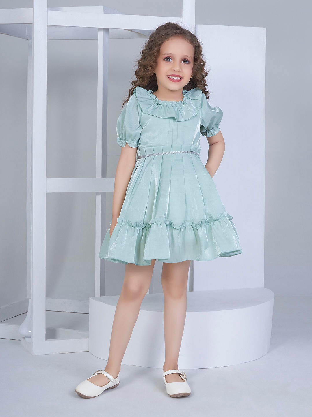 

Peppermint Girls Puff Sleeve Ruffled Fit & Flare Dress, Sea green