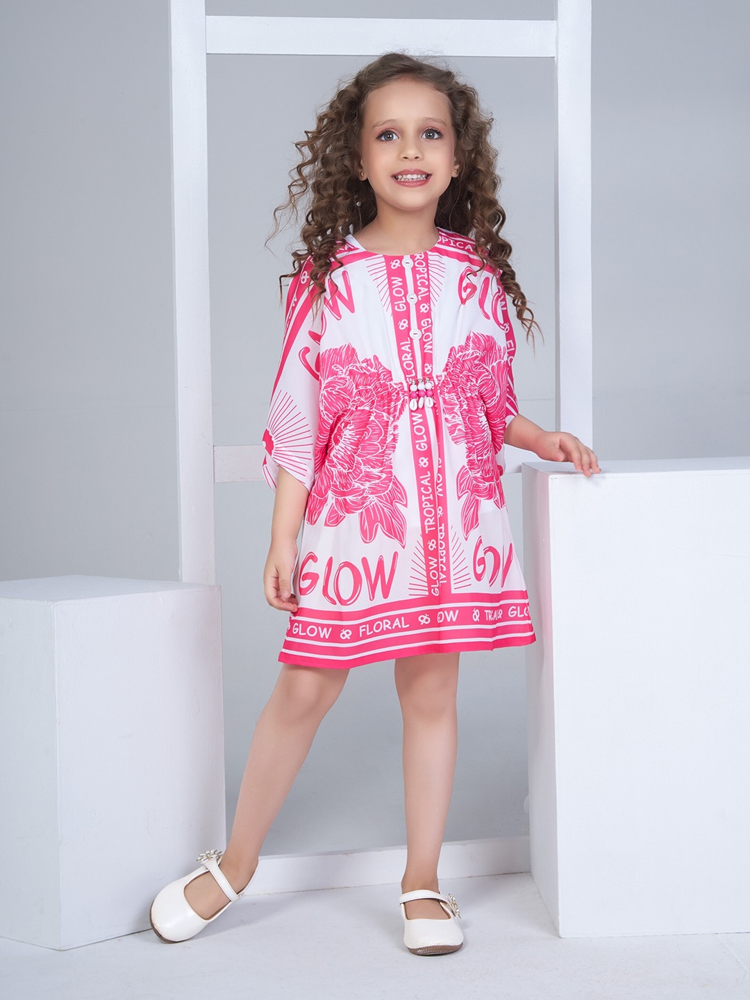 

Peppermint Girls Floral Printed Extended Sleeves Kaftan Dress, Pink