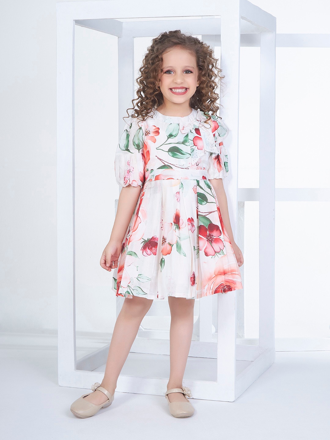 

Peppermint Girls Floral Printed Puffed Sleeves Fit & Flare Dress, Red