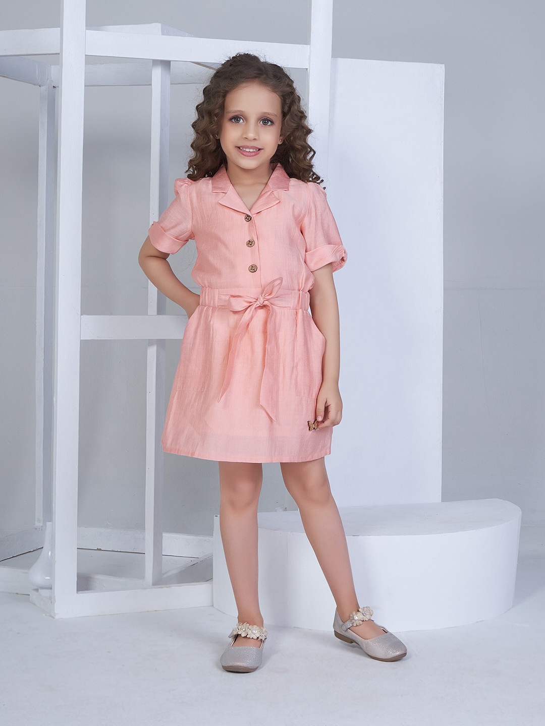 

Peppermint Girls Roll Up Sleeves Shirt Dress, Peach