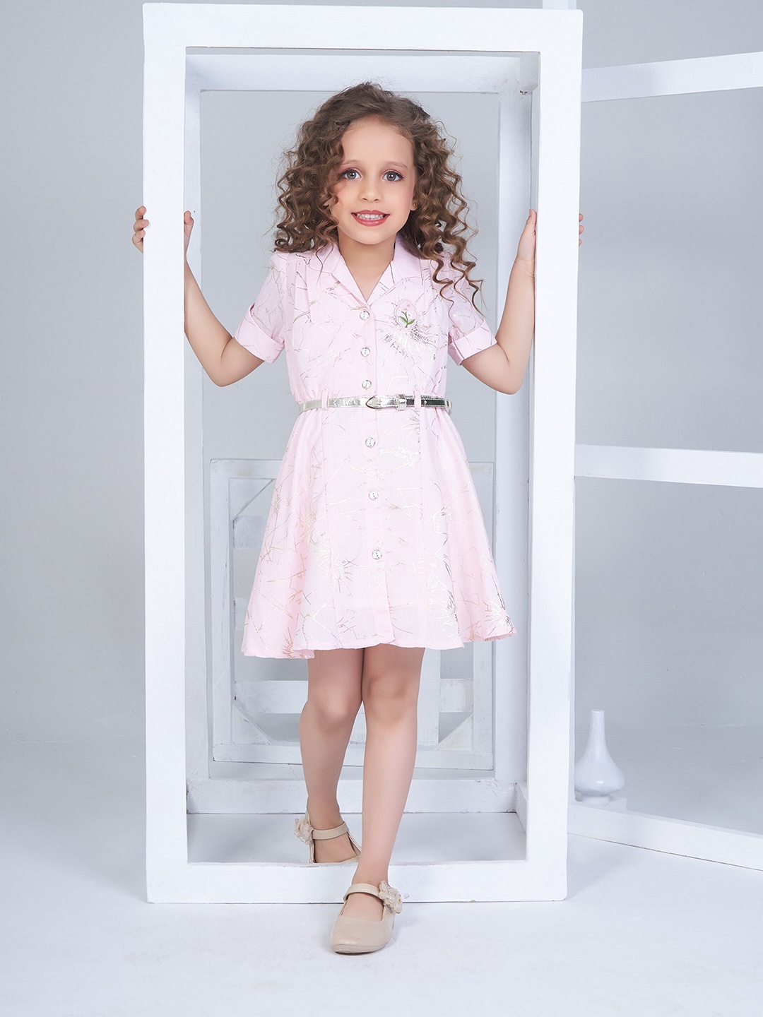 

Peppermint Girls Abstract Printed Shirt Collar Puffed Sleeves Linen Fit & Flare Dress, Pink