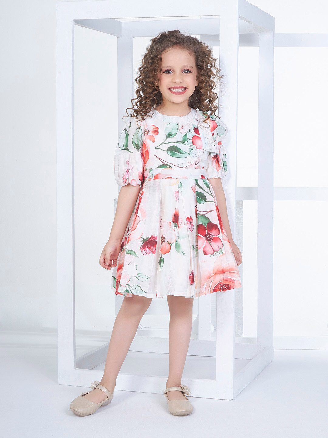 

Peppermint Girls Floral Print Puff Sleeve Fit & Flare Dress, White