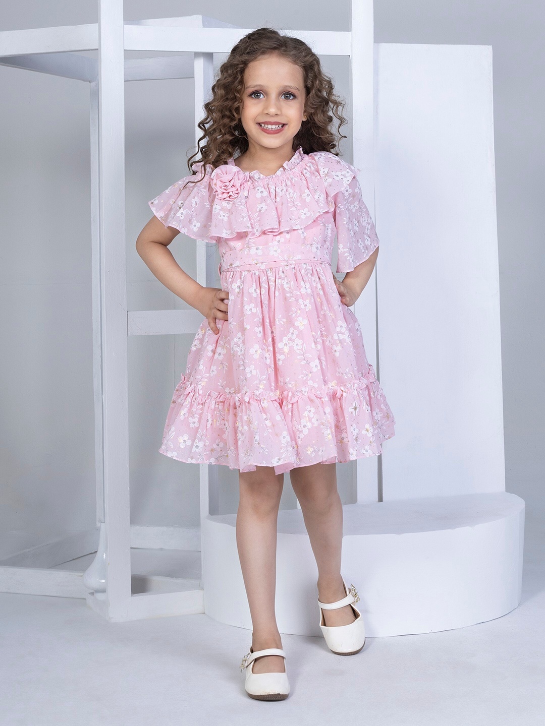 

Peppermint Girls Floral Print Flared Sleeve Chiffon Fit & Flare Dress, Peach