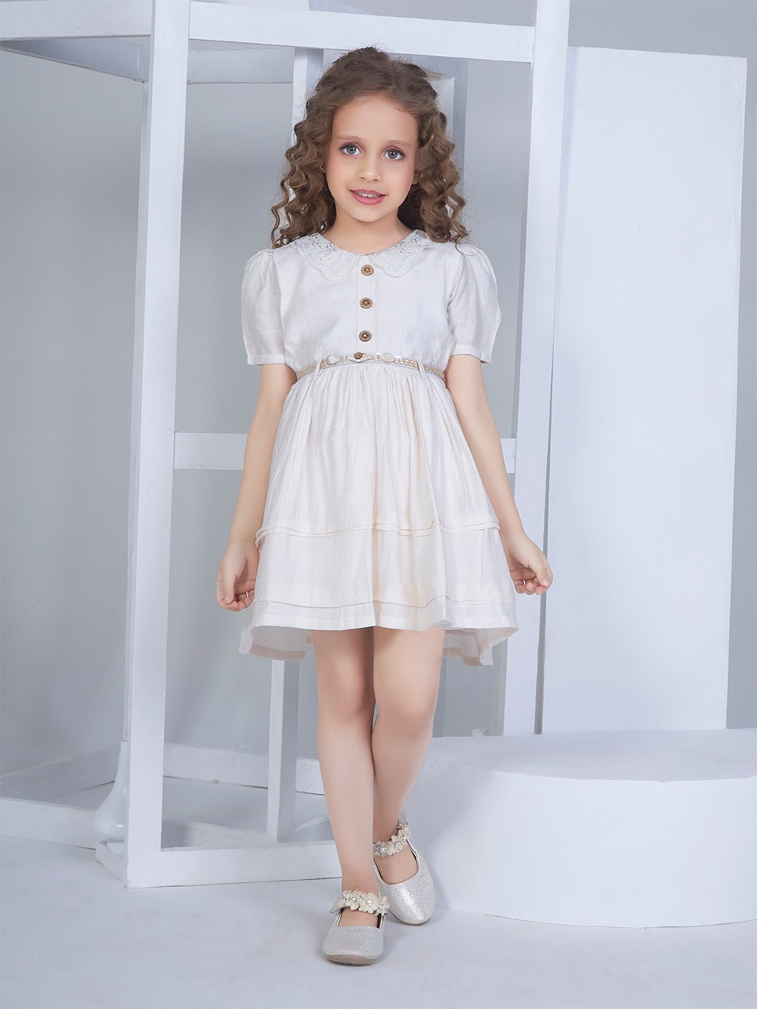 

Peppermint Girls Striped Puffed Sleeves Linen Fit & Flare Dress, Beige