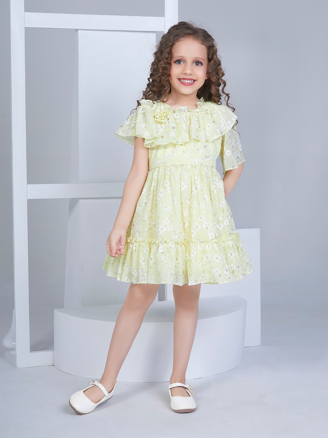 

Peppermint Girls Floral Printed Cape Sleeve Fit & Flare Dress, Yellow