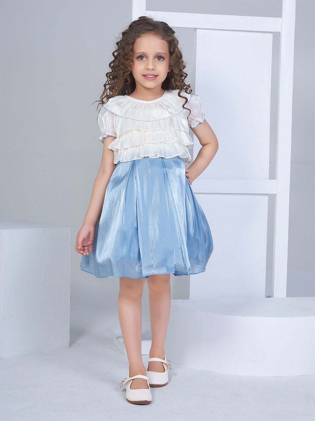 

Peppermint Girls Puff Sleeves Fit & Flare Dress, Blue