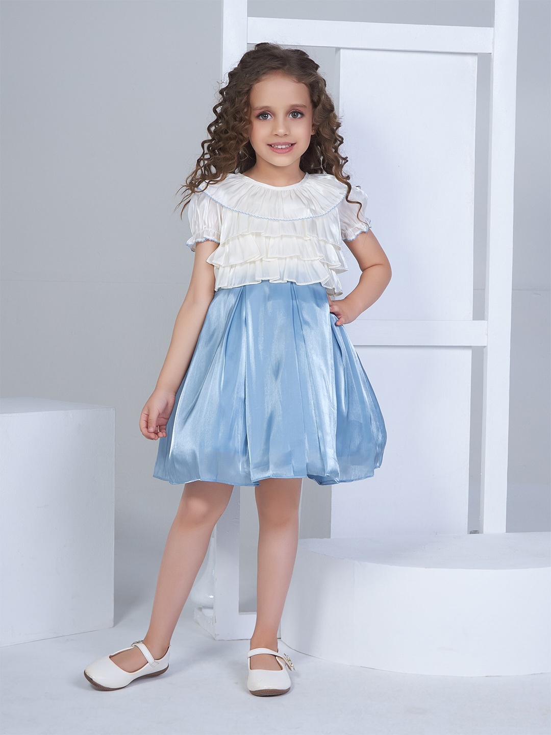 

Peppermint Girls Puff Sleeve Ruffled Fit & Flare Dress, Blue