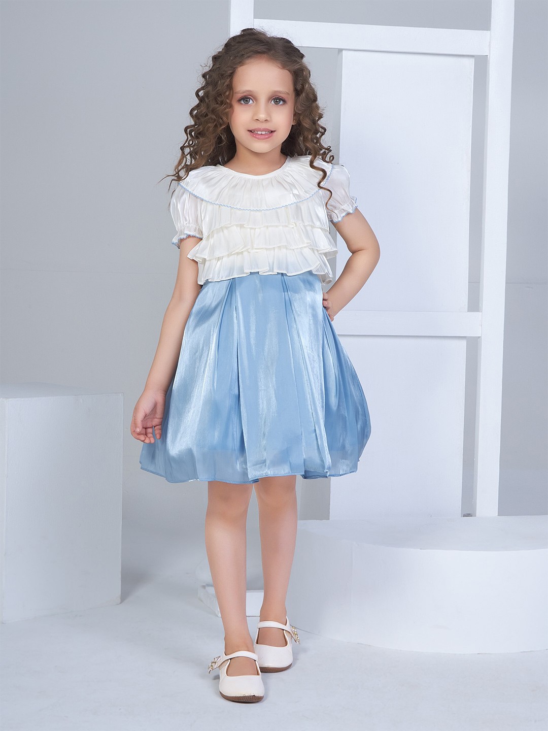 

Peppermint Girls Puffed Sleeves Layered Fit & Flare Dress, Blue