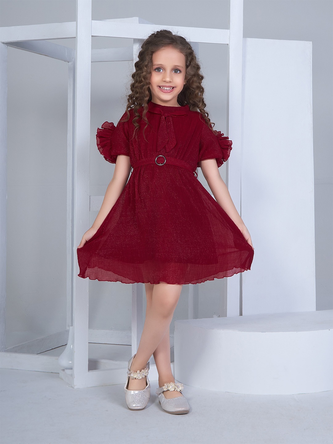 

Peppermint Girls Embellished High Neck Puffed Sleeves Fit & Flare Dress, Maroon