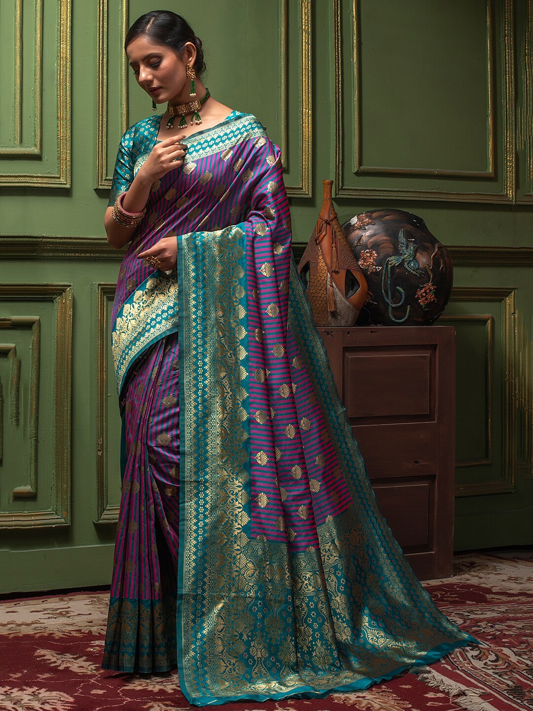 

Lilots Ethnic Motifs Woven Design Banarasi Saree, Sea green