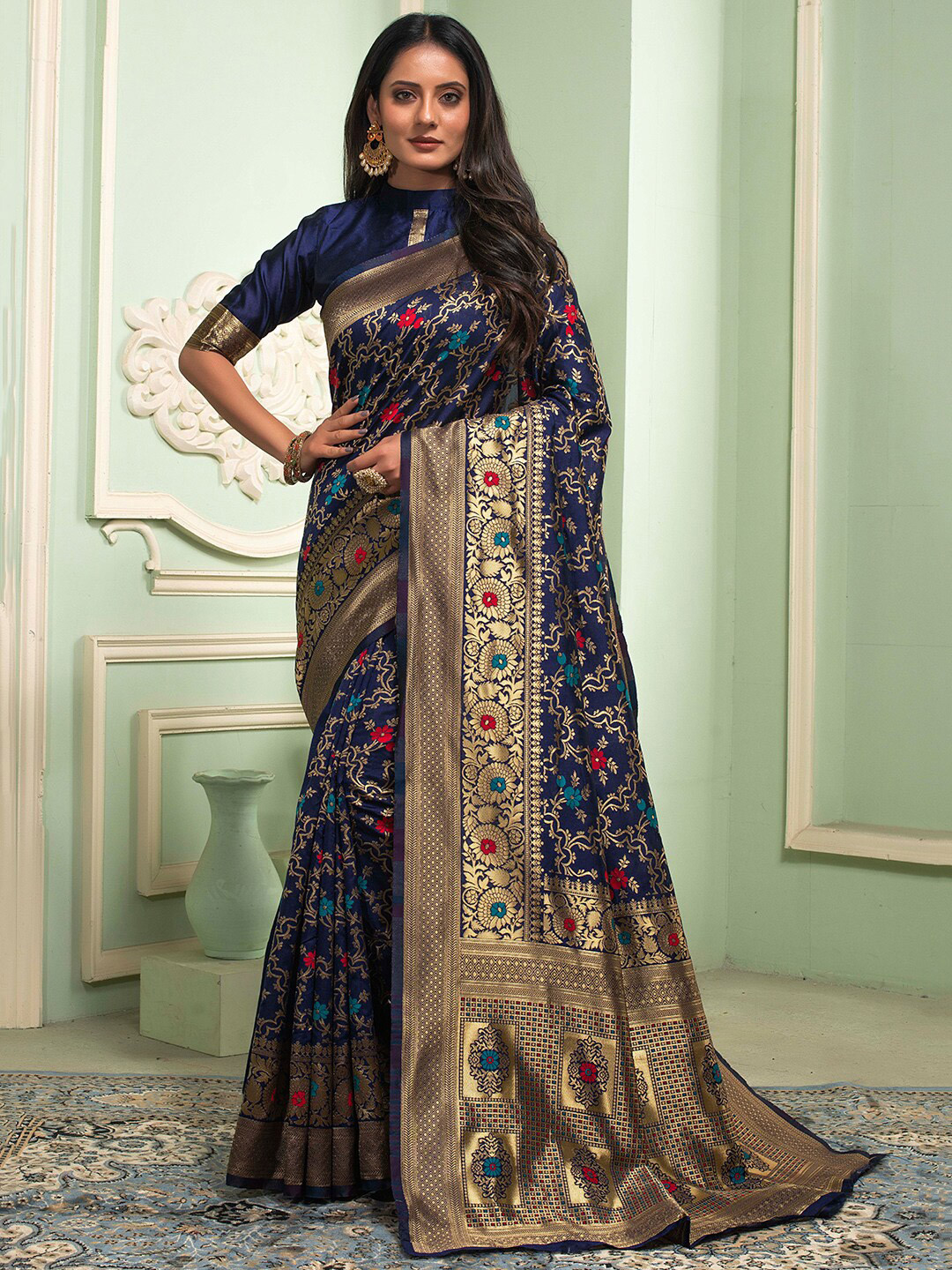 

Lilots Ethnic Motifs Woven Design Banarasi Saree, Navy blue