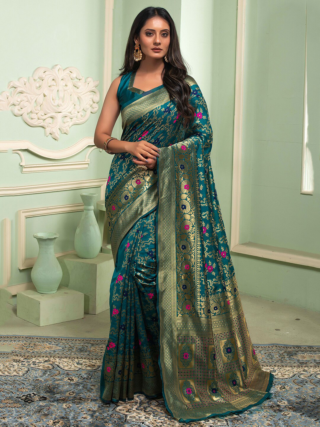 

Lilots Ethnic Motifs Woven Design Banarasi Saree, Teal