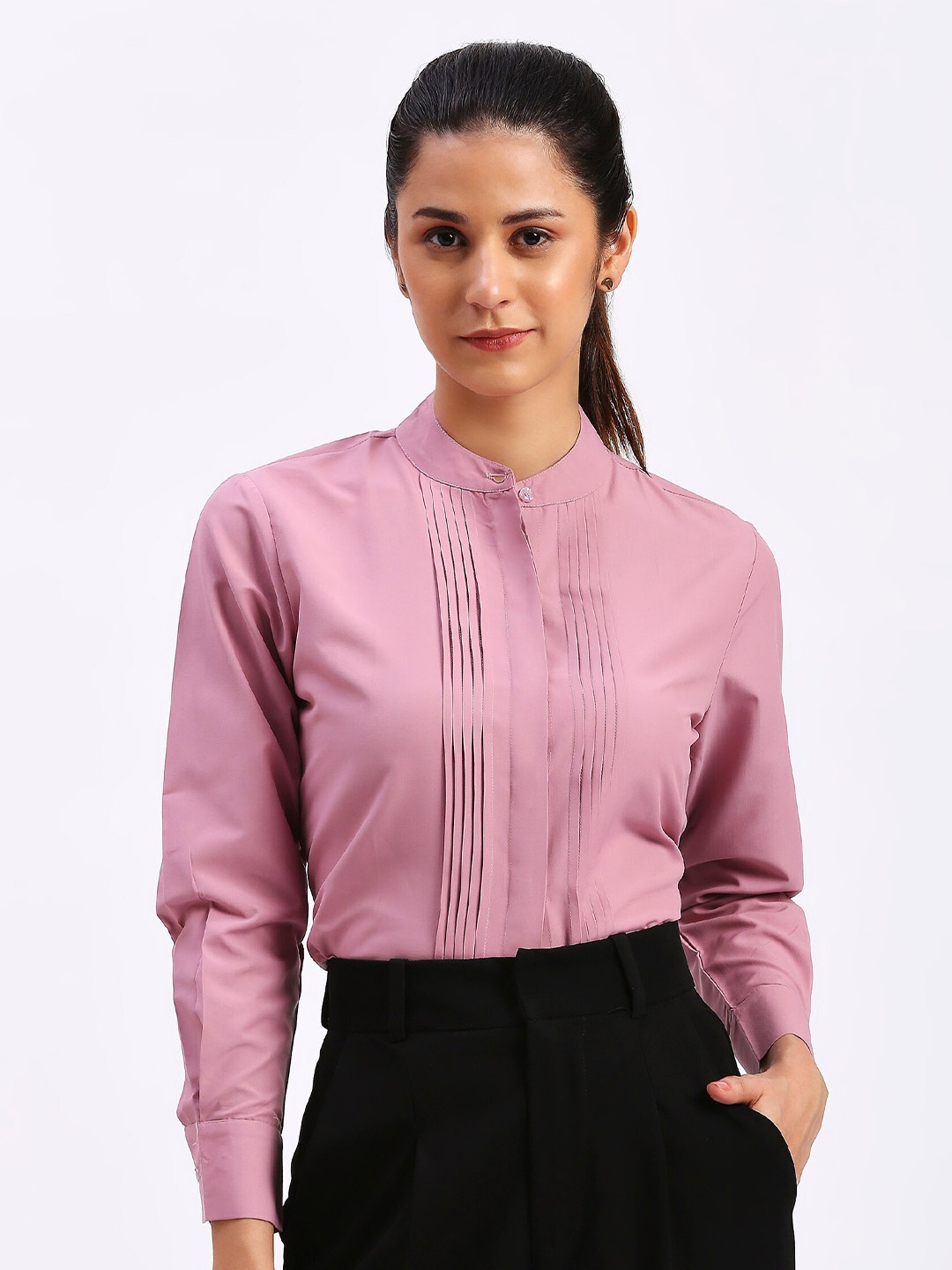 

FITHUB Premium Band Collar Pleated Formal Shirt, Pink