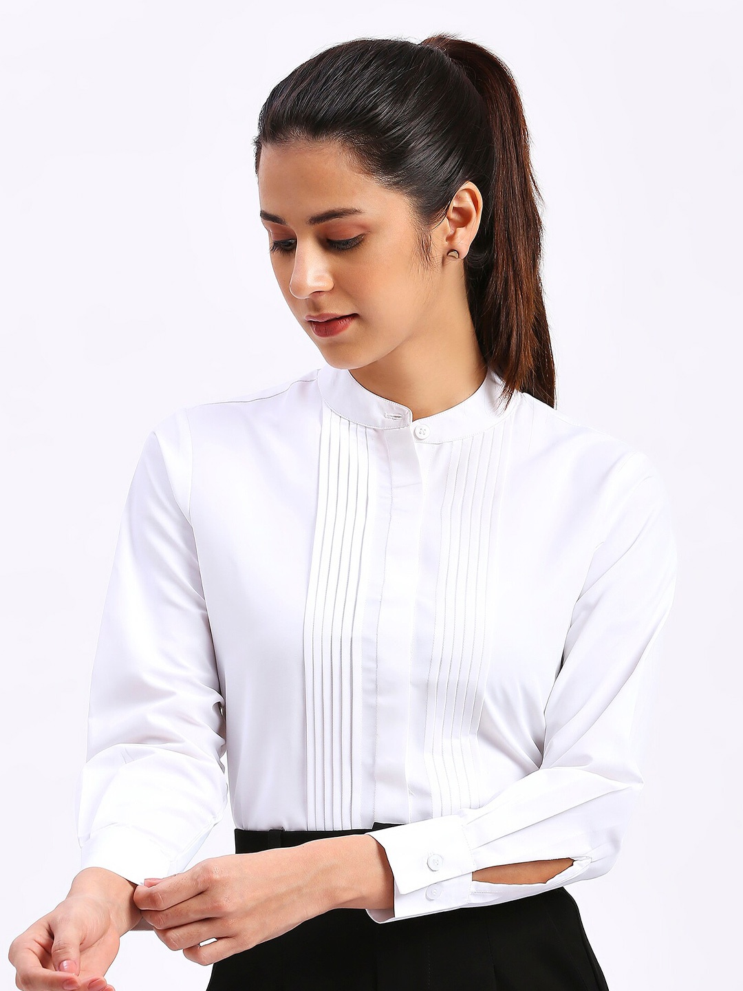 

FITHUB Premium Band Collar Pleated Formal Shirt, White
