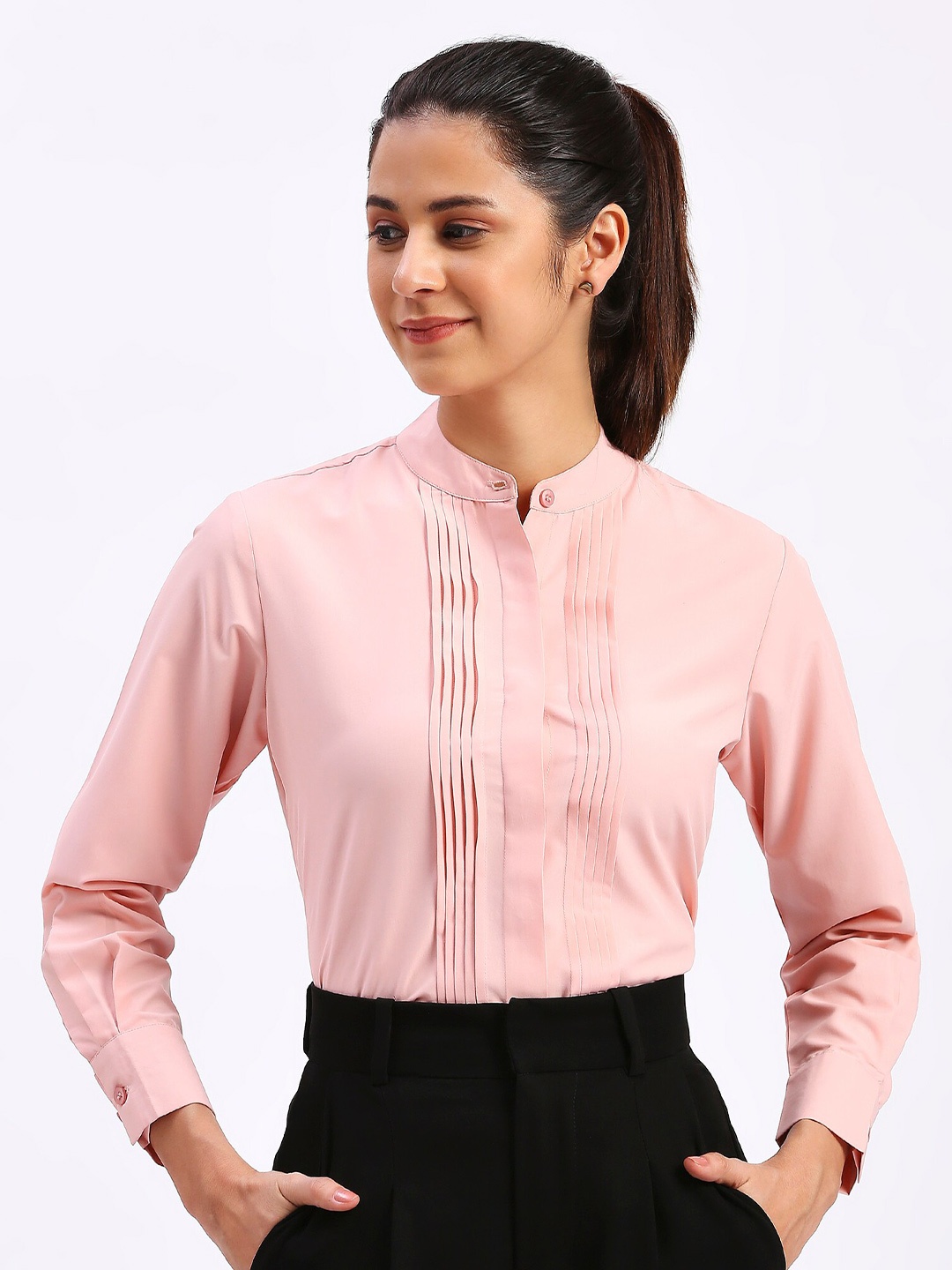 

FITHUB Premium Band Collar Pleated Formal Shirt, Peach