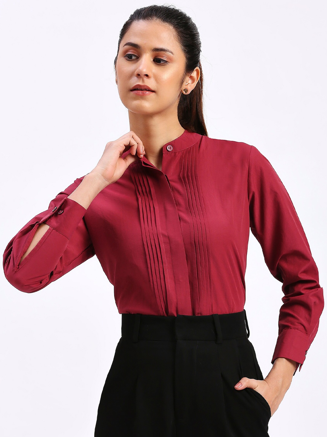 

FITHUB Premium Band Collar Pleated Formal Shirt, Maroon