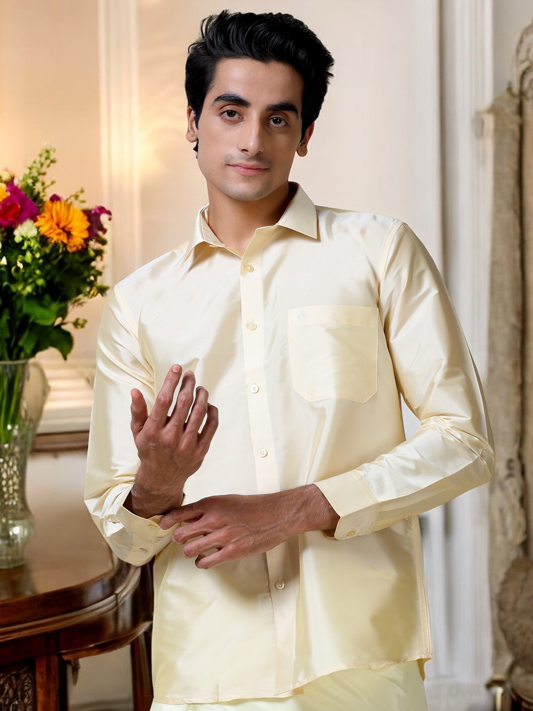 

TATTVA Classic Slim Fit Spread Collar Casual Shirt, Beige