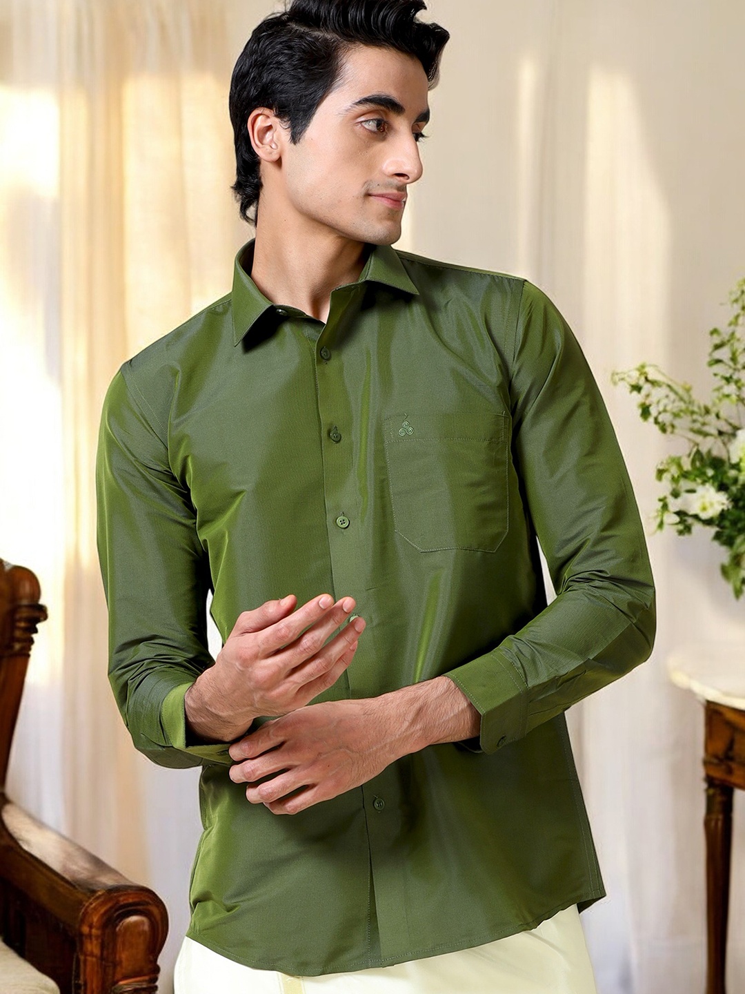 

TATTVA Classic Slim Fit Spread Collar Casual Shirt, Olive