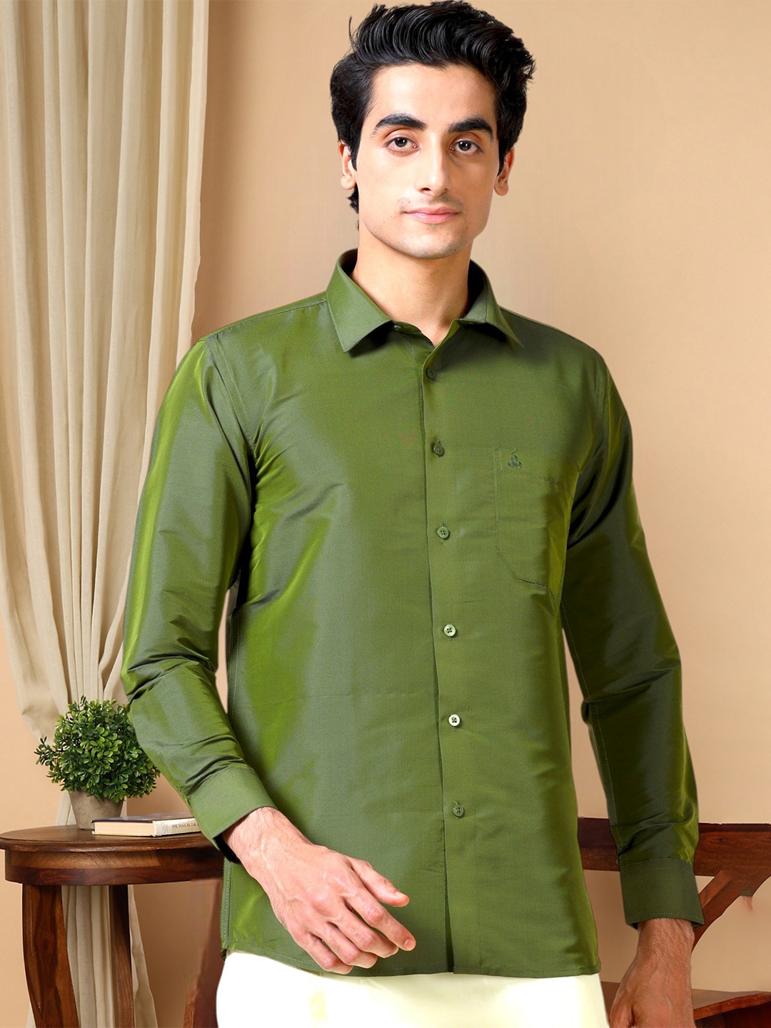 

TATTVA Classic Slim Fit Spread Collar Casual Shirt, Olive