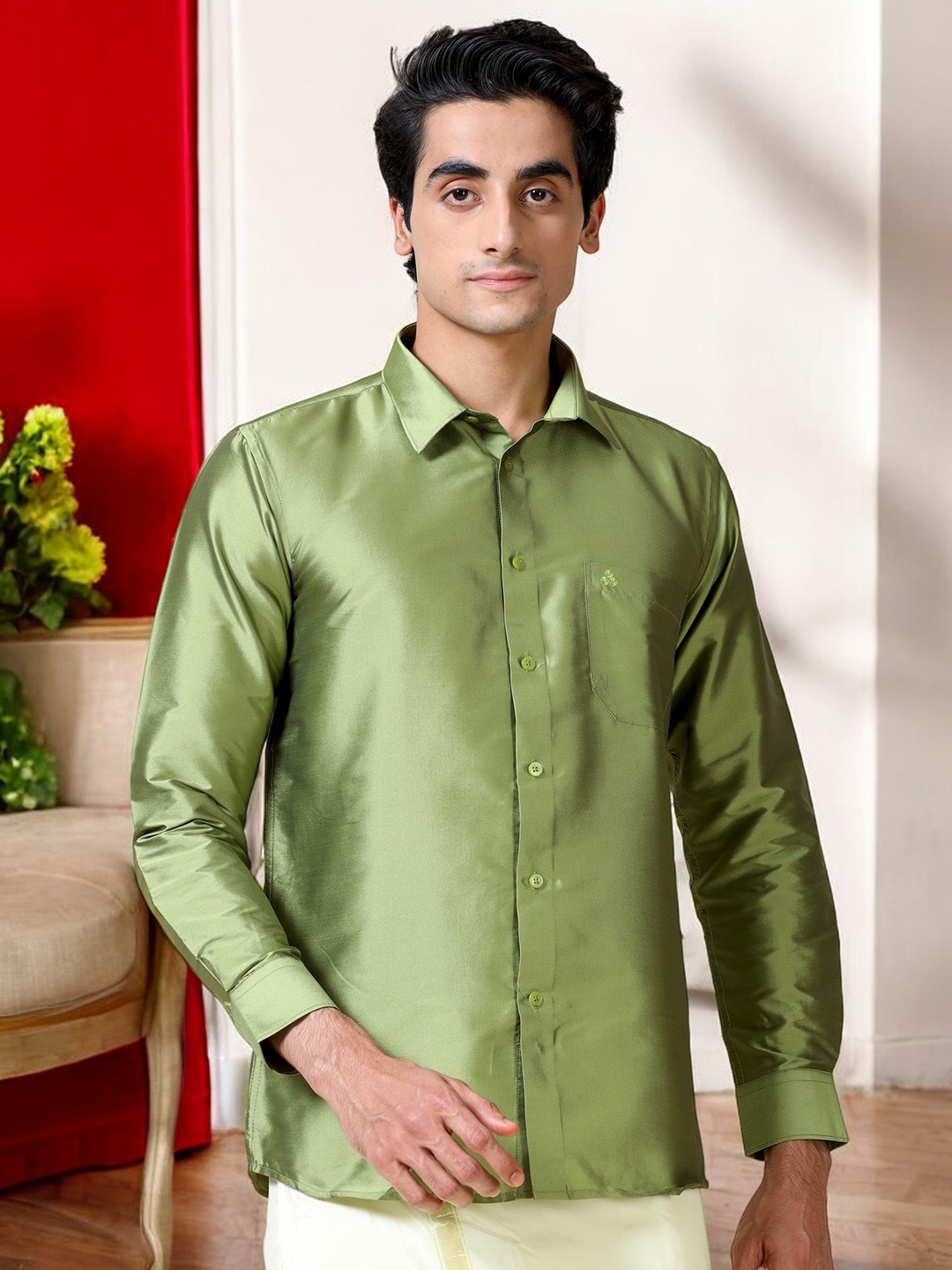 

TATTVA Classic Slim Fit Ethnic Shirt, Green