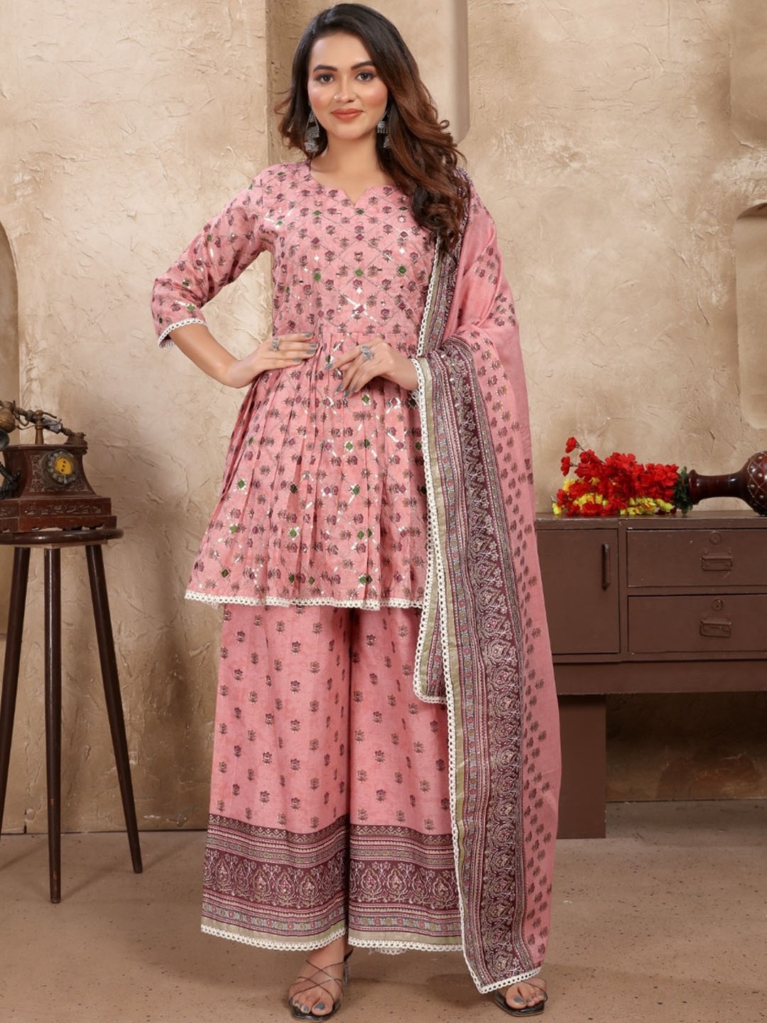 

HETVI CREATION Ethnic Motifs Printed Anarkali Kurta With Sharara & Dupatta, Peach