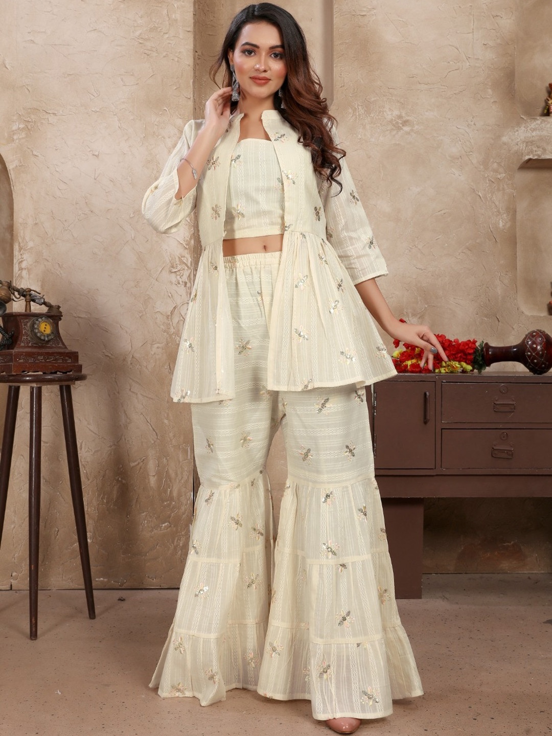 

HETVI CREATION Embroidered Top With Palazzo & Shrug, Off white