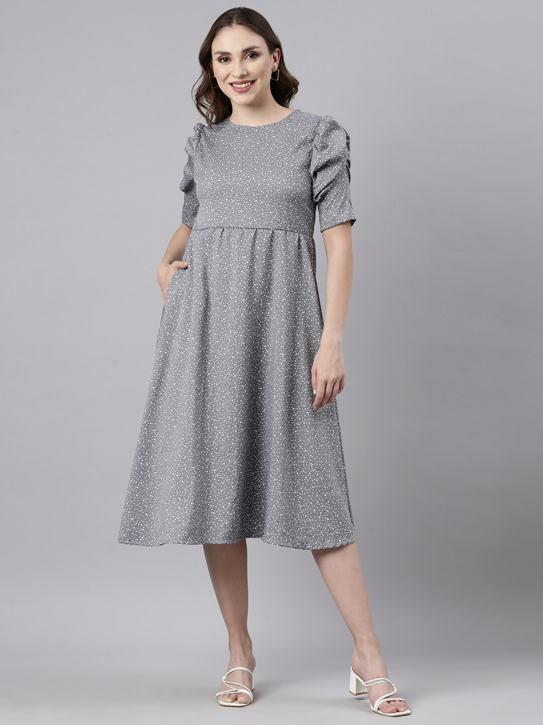 

TWIN BIRDS Polka Dots Printed Puff Sleeve Midi Fit and Flare Dress, Grey