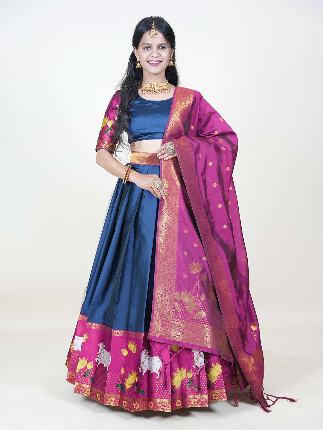 

Fabcartz Printed Semi-Stitched Lehenga & Unstitched Blouse With Dupatta, Teal