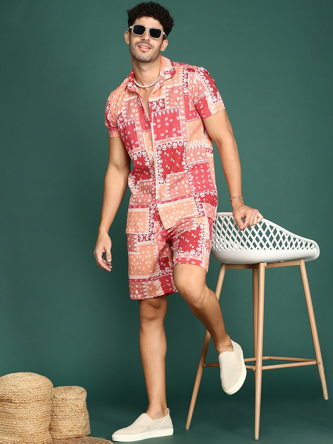 

Sangria Ethnic Motifs Printed Half-Sleeves Shirt With Shorts Co-Ords, Red