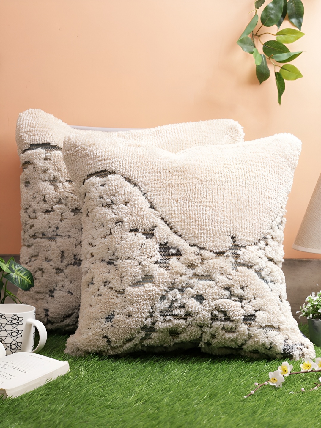 

Aura Beige 2 Pcs Abstract Woollen Square Cushion Covers