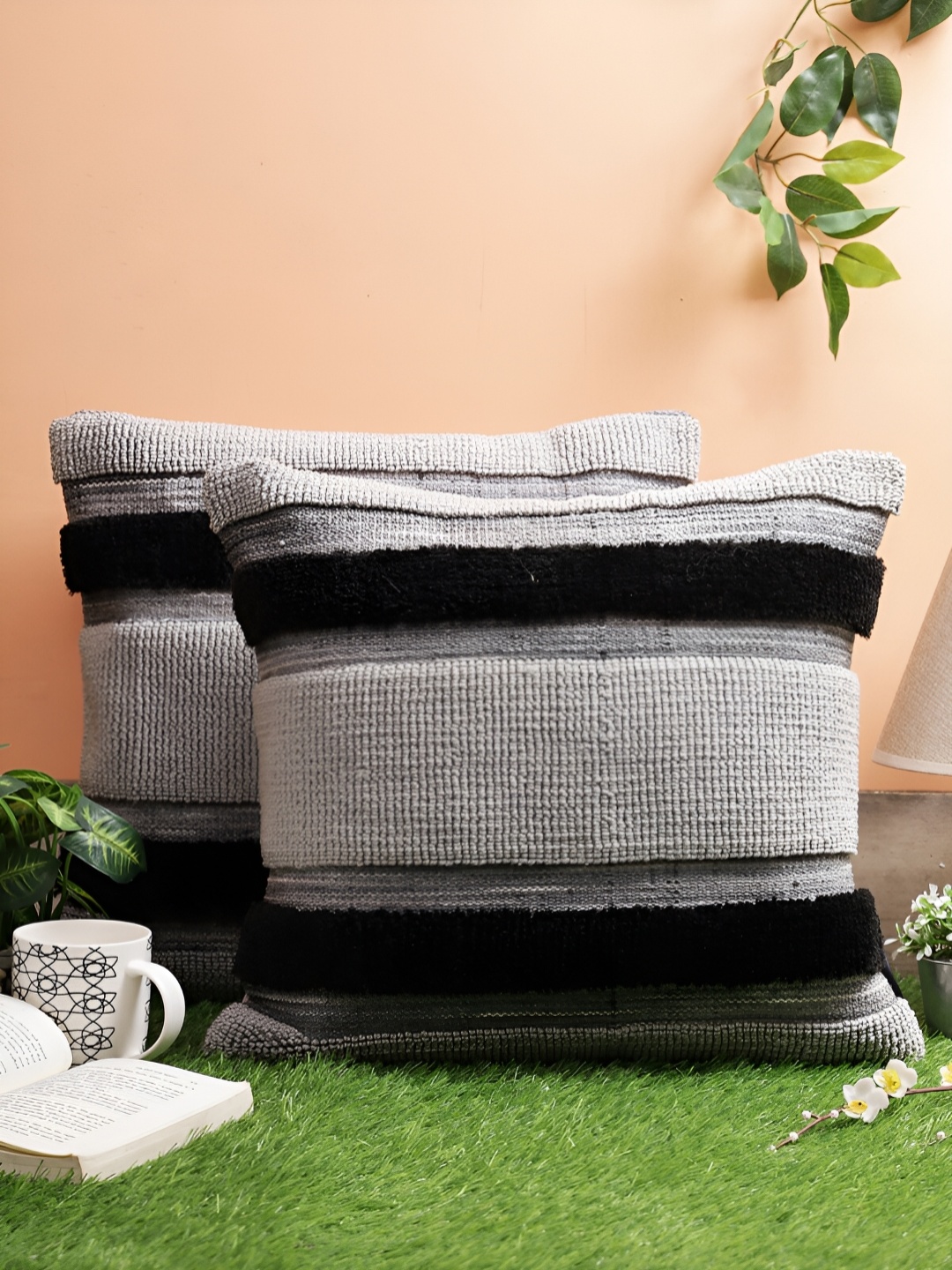 

Aura Grey & Black 2 Pieces Striped Woollen Square Cushion Covers