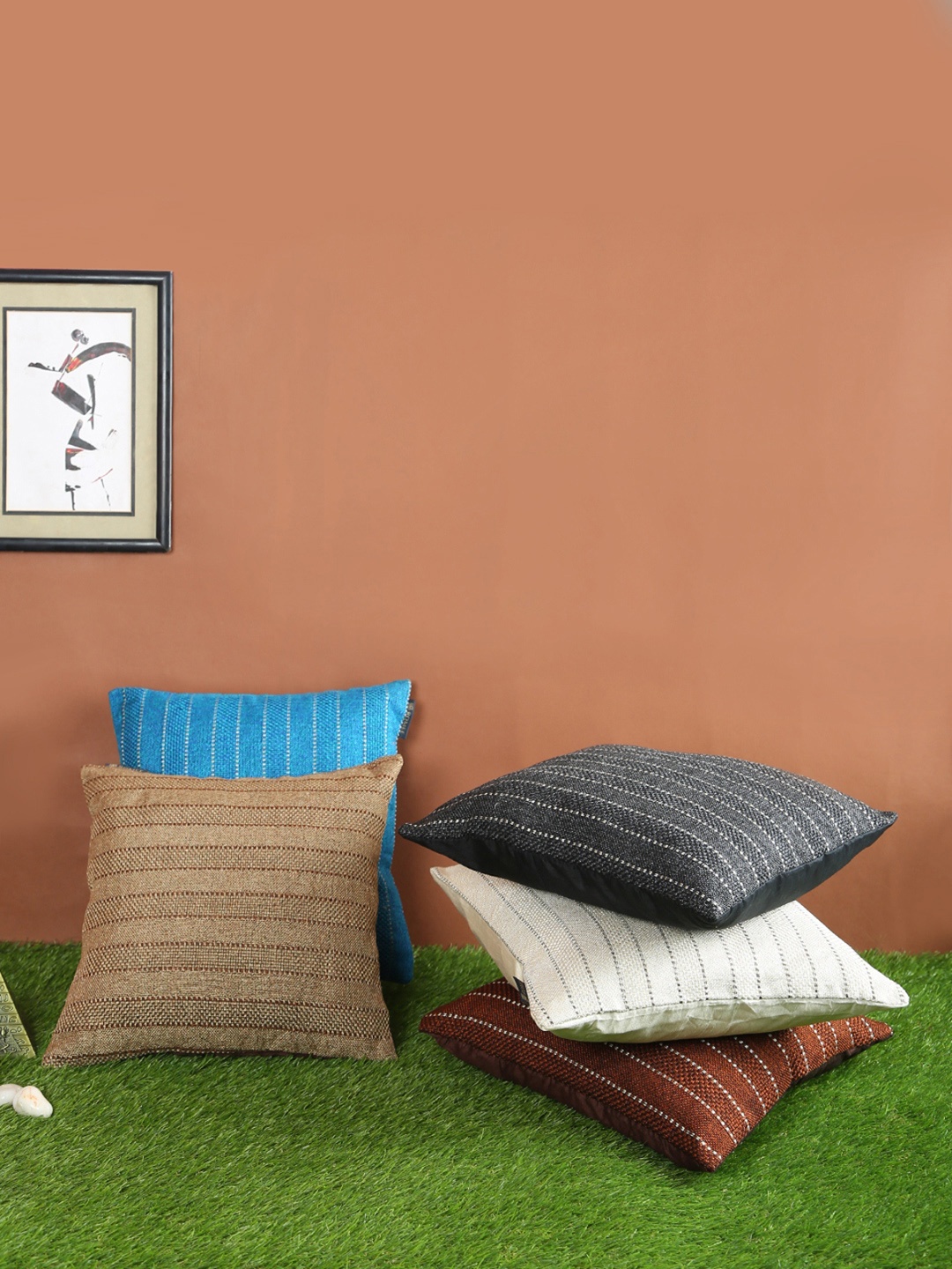 

Aura Beige & White 5 Pieces Striped Printed Square Cushion Covers