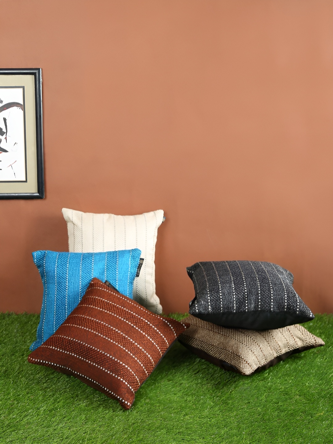 Aura Beige & Blue 5 Pcs Striped Square Cushion Covers