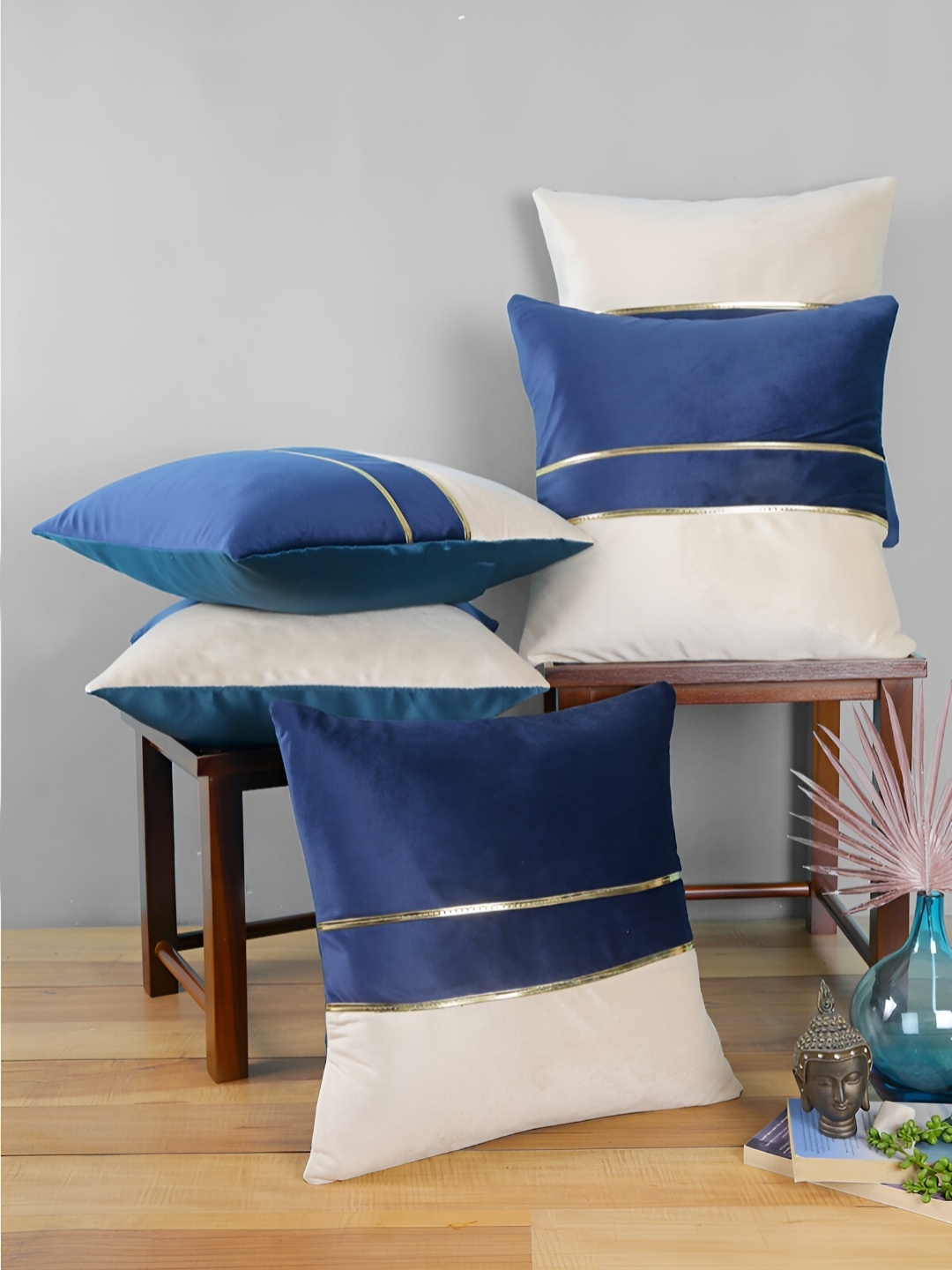 

Aura Blue & White 5 Pcs Striped Velvet Square Cushion Covers