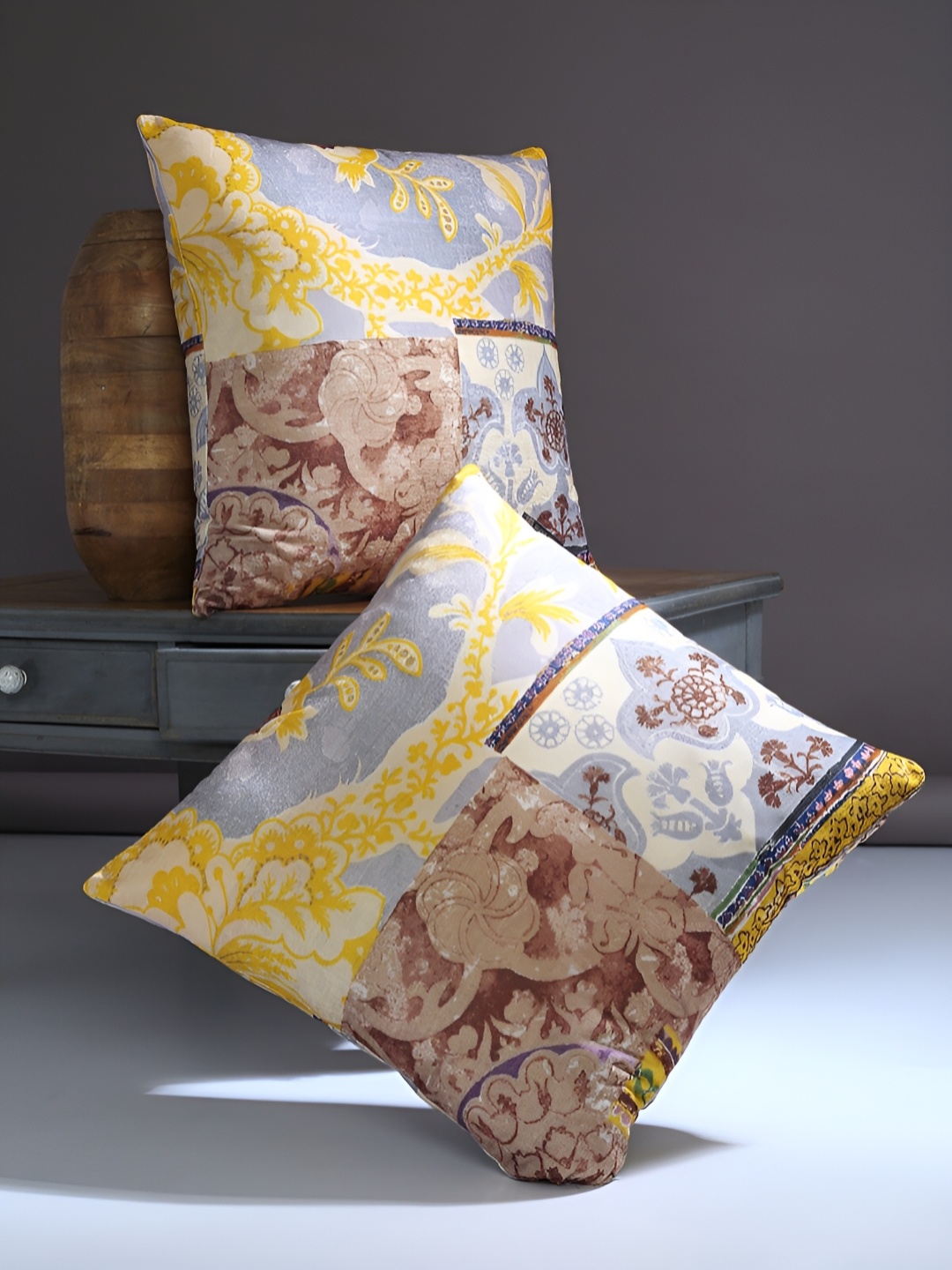 

Aura Silver-Toned & Grey 2 Pieces Floral Square Cushion Covers