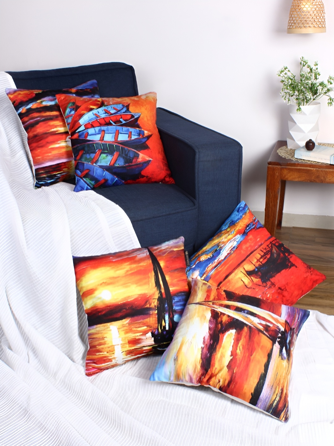 

Aura Orange & Blue 5 Pcs Quirky Velvet Square Cushion Covers