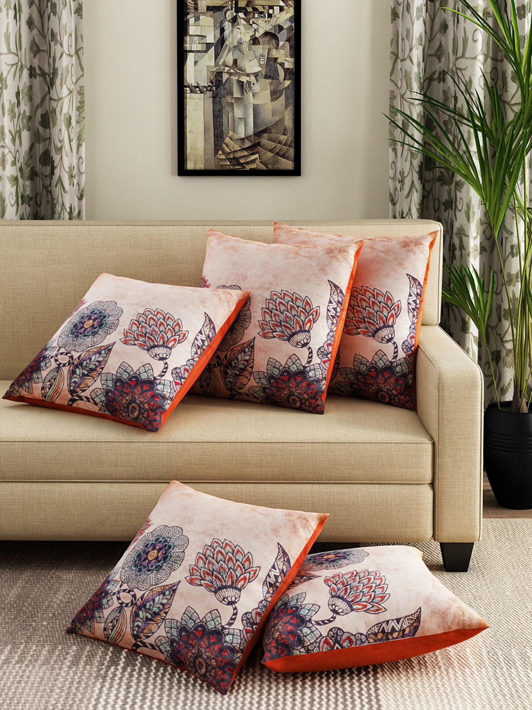 

Aura Beige & Blue 5 Pieces Floral Printed Velvet Square Cushion Covers
